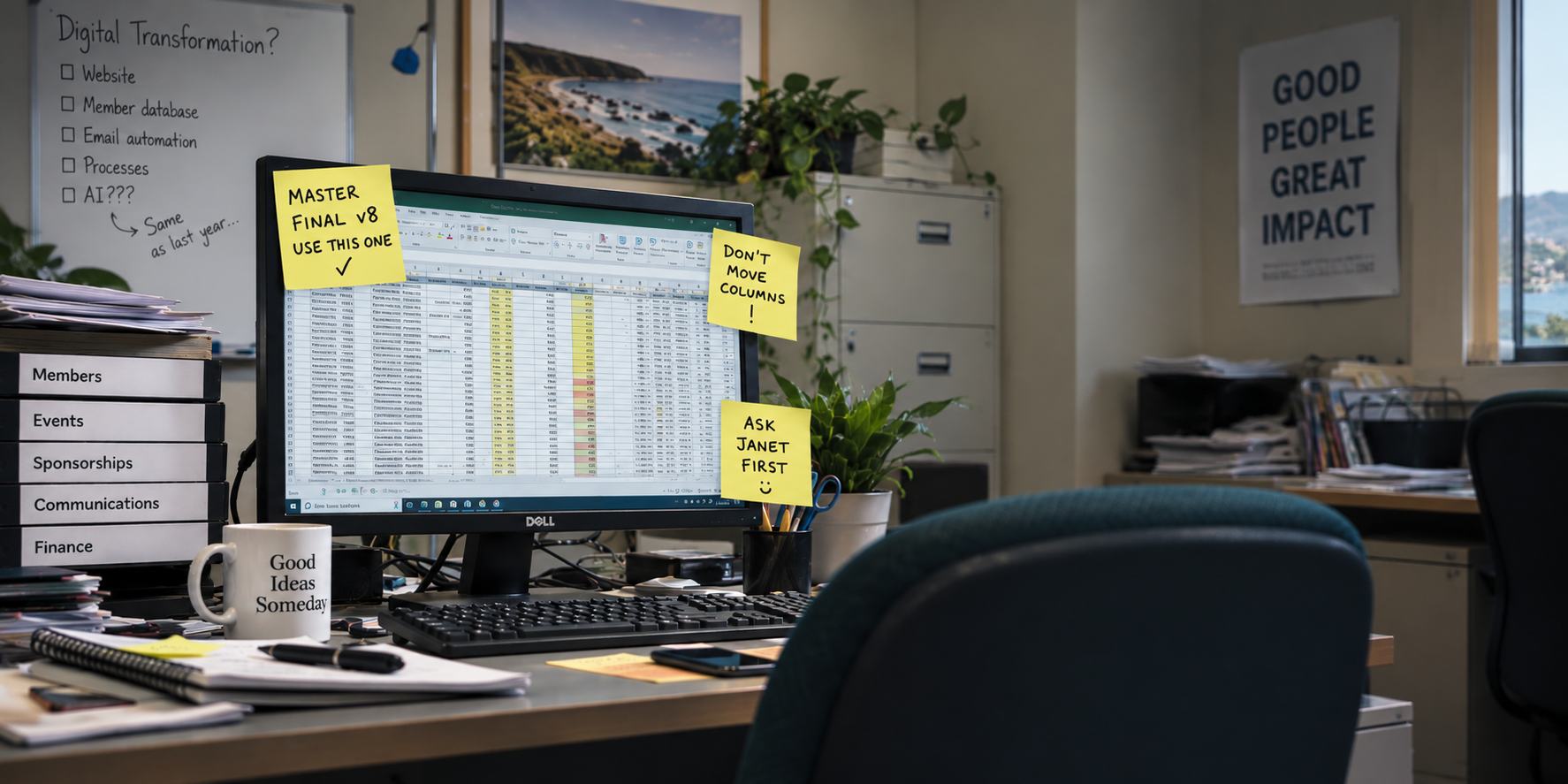 A familiar office desk with a heavily annotated spreadsheet and digital transformation notes